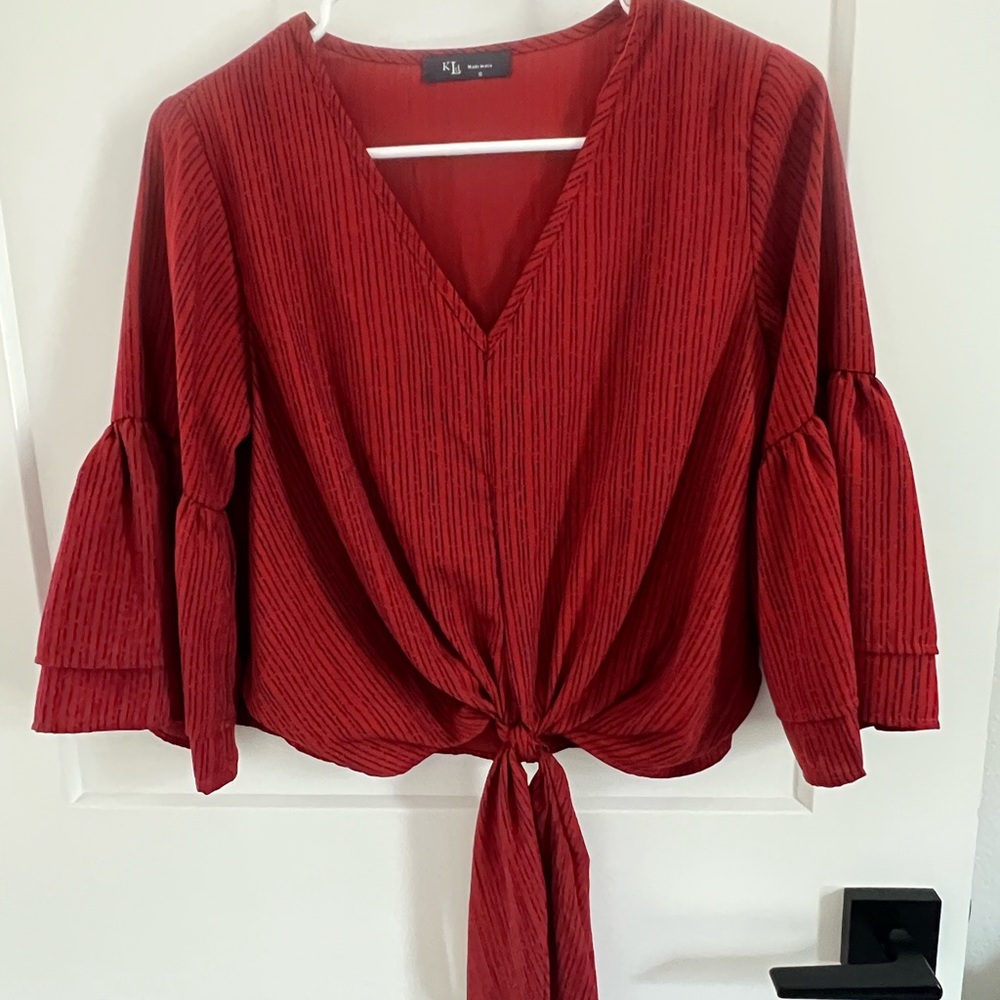 Red Bell Sleeve Tie-Front Blouse